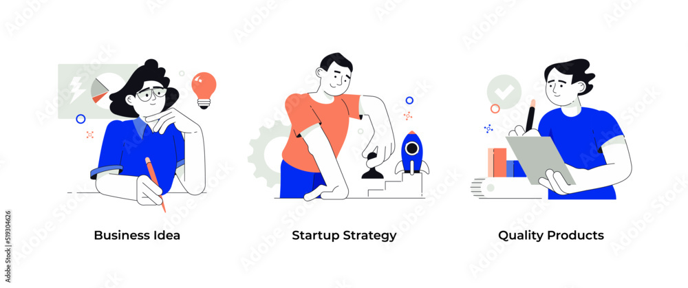 Startup and business planning. Set of concepts such as: business idea, strategy, quality products. Visual scenes for storytelling Startup and business planning. Set of concepts such as: business idea, strategy, quality products. Visual scenes for storytelling