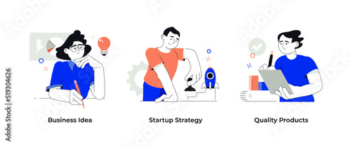 Startup and business planning. Set of concepts such as: business idea, strategy, quality products. Visual scenes for storytelling