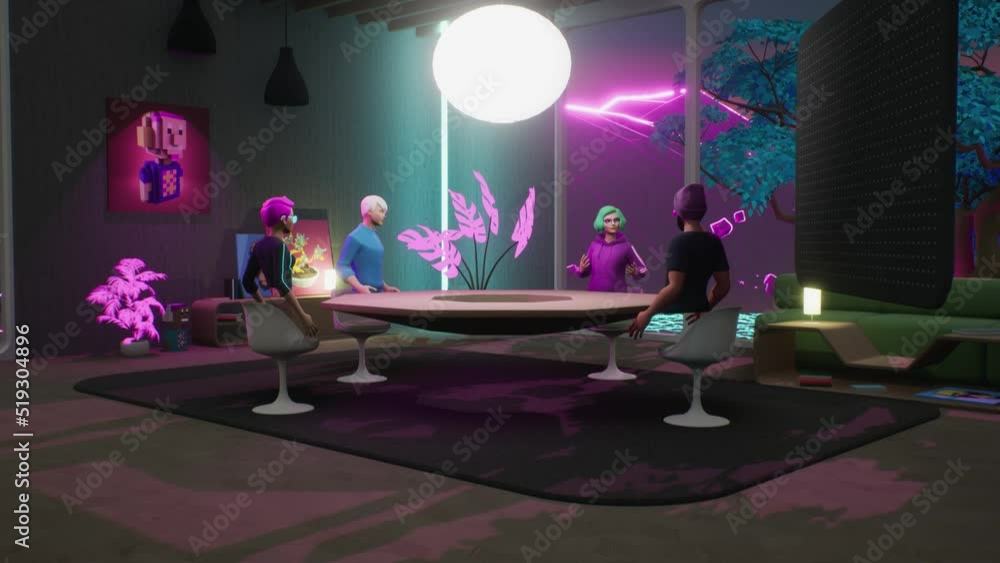 People communicate in the metaverse. Employees meet and talk in a virtual office meeting room neon environment. VR work space with NFT pictures and 3d furniture. People communicate in the metaverse. Employees meet and talk in a virtual office meeting room neon environment. VR work space with NFT pictures and 3d furniture.