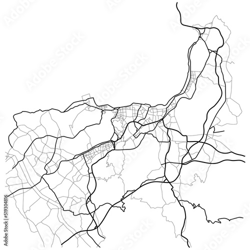 Kitakyushu city map (Japan) - town streets on the plan. Monochrome line map of the  scheme of road. Urban environment, architectural background. Vector 