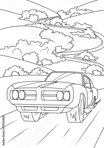 Muscle car rides on the road against the backdrop of nature. Funny coloring book for boys. Vector illustration