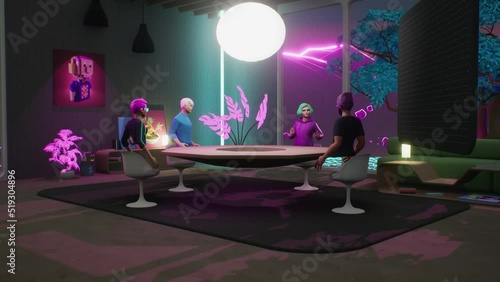 People communicate in the metaverse. Employees meet and talk in a virtual office meeting room neon environment. VR work space with NFT pictures and 3d furniture.