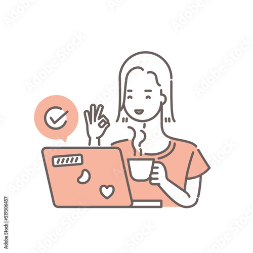 ノートパソコンを操作している女性のイラスト 喜び