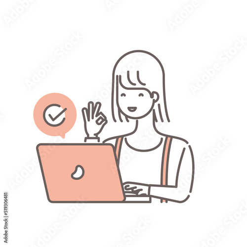ノートパソコンを操作している女性のイラスト 喜び