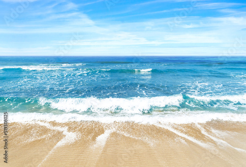 Wide angle beach photo of sky, sea and sand as a luxury summer holiday background or backdrop. Patara beach
