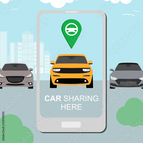 renting and carpooling banner on city background. rental auto service. carsharing concept with smartphone and car sharing app. automobile banner. vector Illustration 10 eps