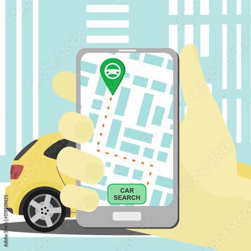 vector carsharing concept with smartphone and car sharing app. renting and carpooling banner on city background. rental auto service. automobile banner. 10 eps