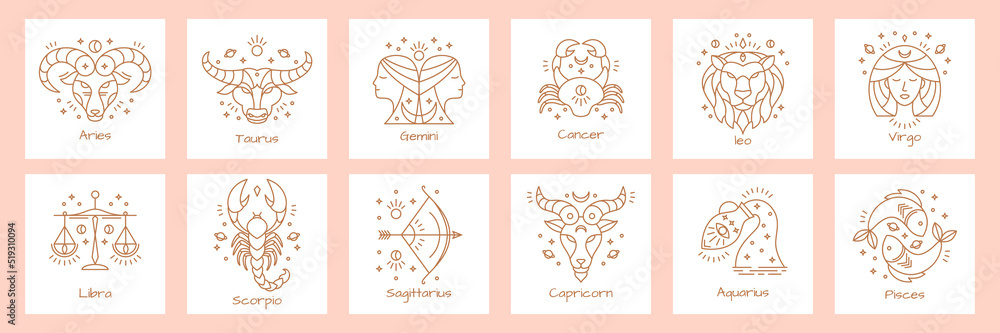 Zodiac astrology horoscope signs design vector illustrations set. Elegant astrological constellations line design symbols and icons of esoteric zodiacal horoscope templates for wall print or logo.
