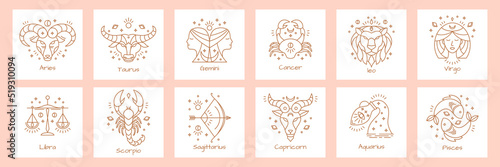 Zodiac astrology horoscope signs design vector illustrations set. Elegant astrological constellations line design symbols and icons of esoteric zodiacal horoscope templates for wall print or logo. photo