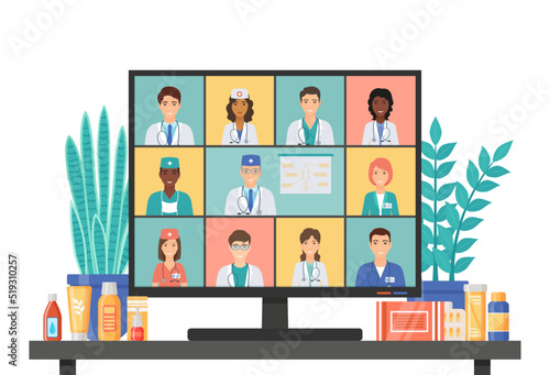 Virtual medical conference. Video online meet doctors and nurses. Webinar room for medical staff. Business remote teleconference. Distance group call. Vector illustration. Flat design.