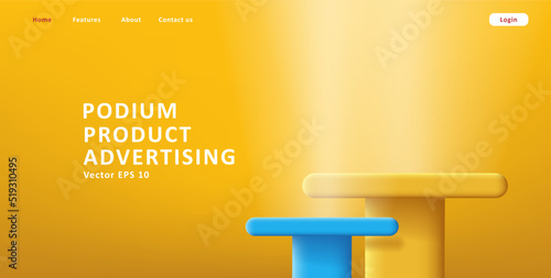 3d pillars, product podium showcase in yellow and blue colors. Vector illustration