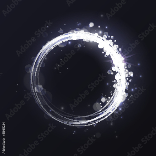 Silver luminous spark ring, abstract light frame effect vector illustration. Magic glowing round swirl lines with sparkling glitter particles, platinum flare lens shimmer dark black background