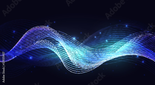 Luminous neon blue waves, abstract light shine effect vector illustration. Magic shining wind with glowing sparkles particles, wavy speed lines energy glow isolated on dark black background
