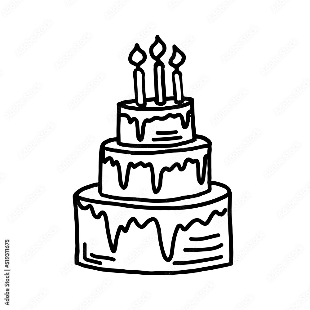 Vector birthday or wedding cake in hand drawn doodle style. Cartoon cake with burning candles. Vector birthday or wedding cake in hand drawn doodle style. Cartoon cake with burning candles.