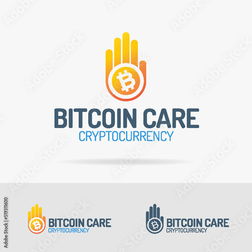 Vector bitcoin on hand logo set colorfull style for secure, pay, care, cryptocurrency logotype, digital money, block chain, finance company. Vector Illustration 10 eps