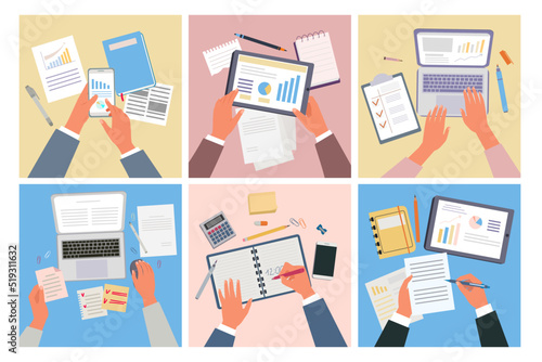 hands writing top view. people writing on paper working on laptop business workplace. Vector pictures in flat style