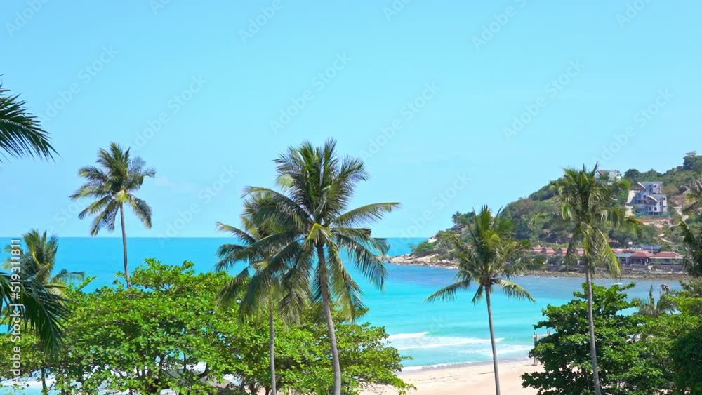 Tropical Island on Hot Sunny Day, White Sand Beach, Green Trees and Blue Horizon Tropical Island on Hot Sunny Day, White Sand Beach, Green Trees and Blue Horizon