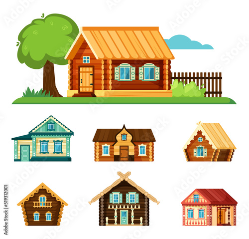 rural russian houses. wooden authentic architectural objects for villages. Vector houses in cartoon style