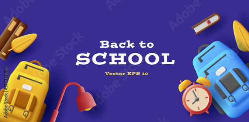 Back to School banner with backpacks and books, autumn leaves and desk lamp, education equipment top view. Vector illustration