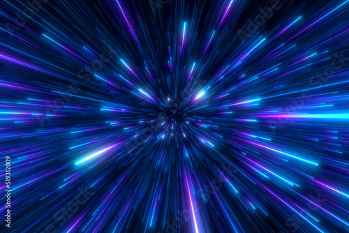 Fototapeta Naklejka Na Ścianę i Meble -  Abstract background in blue and purple neon glow colors. Speed of light in galaxy. Explosion in universe. Cosmic background for event, party, carnival, celebration, anniversary or other. 3D rendering.