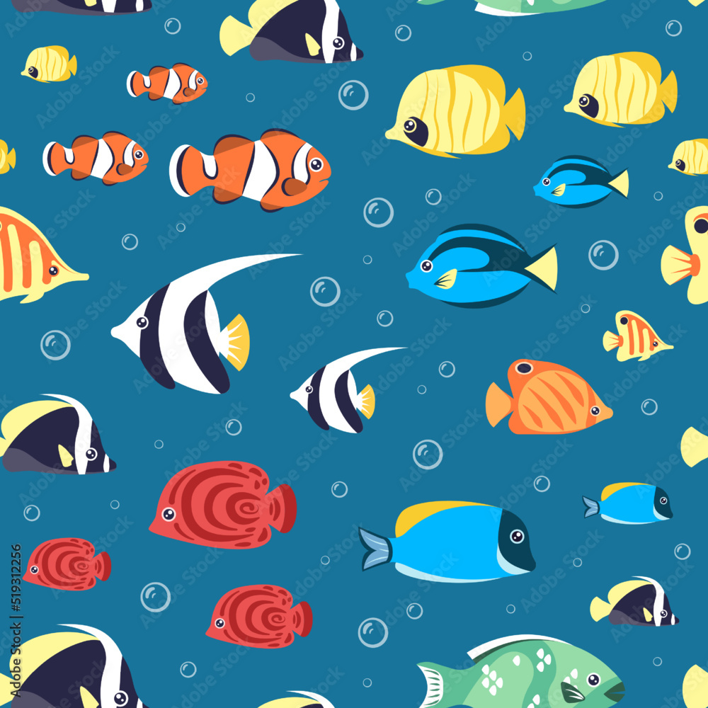 fishes pattern. underwater life with exotic colored aquarium animals and fishes illustrations. Vector seamless background