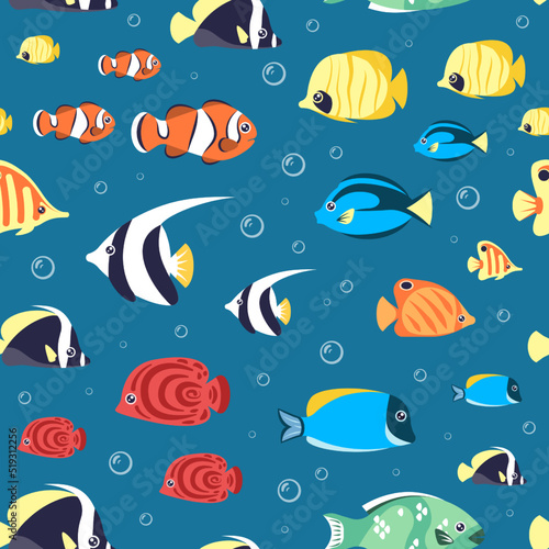 fishes pattern. underwater life with exotic colored aquarium animals and fishes illustrations. Vector seamless background © alex_cardo