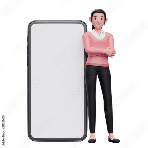 woman wearing pink sweater leaning on phone with big white screen, 3d illustration of a business woman in pink sweater holding phone