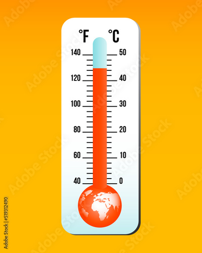 Global warming thermometer with Planet Earth.
Burning planet, high temperatures, global warming, climate changes and environmental change concepts. Vector illustration