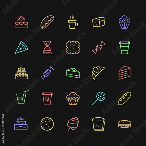 bakery icons set simple line color style isolated on background with cake and dessert for logo, confectionery store, bakery shop, cafe, restaurant, sweet pattern, packaging paper. vector 10 eps