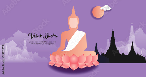 Vesak day banner of big buddha statue purple color vector background - Magha Puja, Asanha Puja, Vesak Puja Day, Buddhist holiday concept. Thailand culture