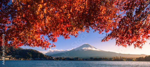 colorful Autumn Season and Mountain Fuji with morning fog and red leaves at lake Kawaguchiko