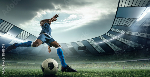 Collage with running soccer, football player at stadium during football match. Concept of sport, competition, goals