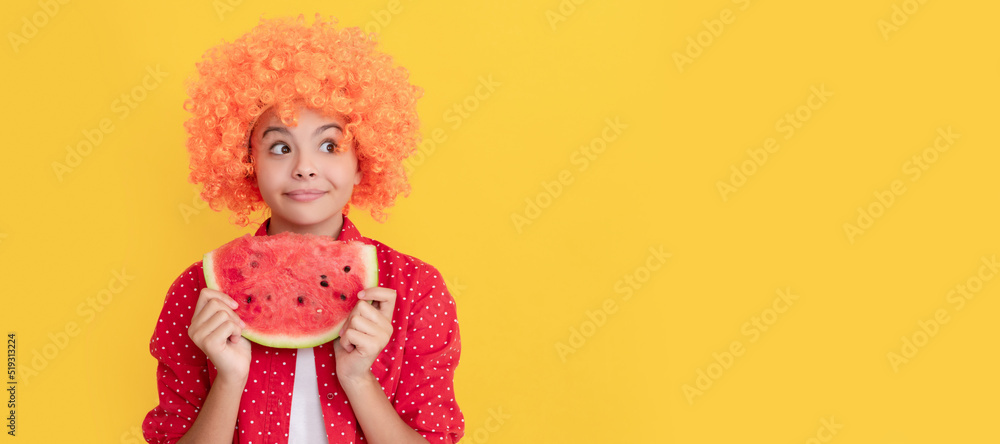 fancy teen girl having fun. summertime. face of child with orange hair hold water melon slice. Summer girl portrait with watermelon, horizontal poster. Banner header with copy space.