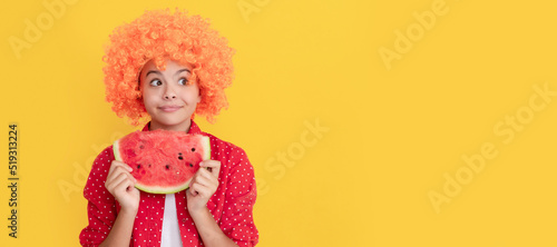 fancy teen girl having fun. summertime. face of child with orange hair hold water melon slice. Summer girl portrait with watermelon, horizontal poster. Banner header with copy space.