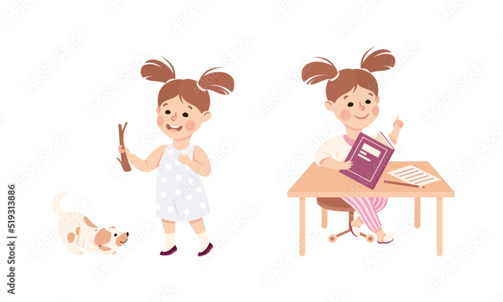 Naklejka premium Cute little girl daily routine. Kid walking dog and reading story book cartoon vector illustration