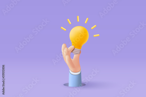 3D idea make money with lamp on hand holding in background.  growing business isolated concept, 3d bulb vector render for finance, investment, light bulb in hand like idea make earning concept photo
