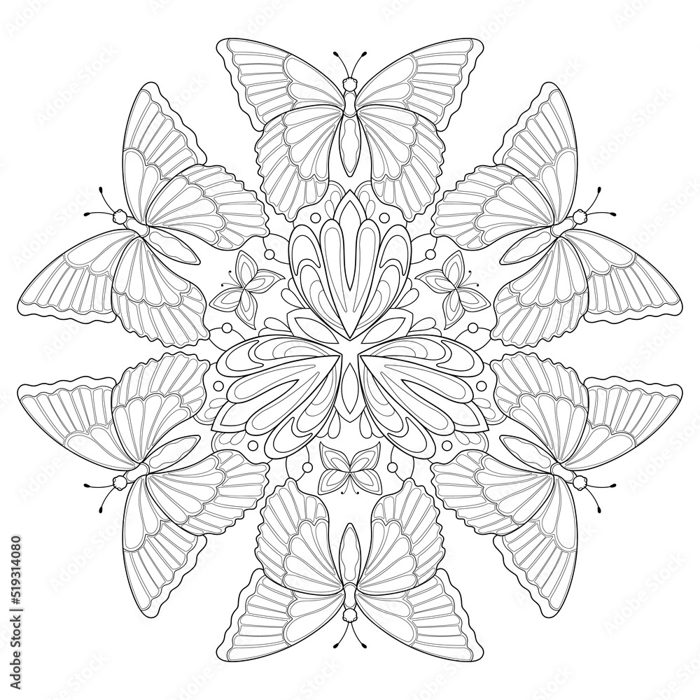 Butterflies with simple patterns and decorative floral elements on a white isolated backrgound. For coloring book pages.