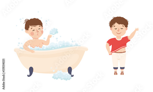 Cute little boy daily routine. Kid taking bath and putting on t-shirt cartoon vector illustration