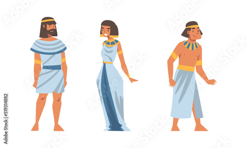 Ancient Egyptian men and woman wearing authentic clothes and necklace set vector illustration