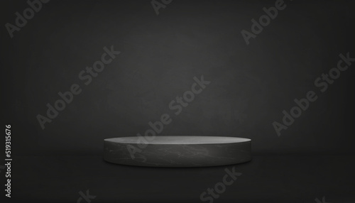 3D podium black marble in Studio room on dark cement wall textured background,Vector minimal mockup banner loft design backdrop,Empty Gallery room in black concrete for product presentatio