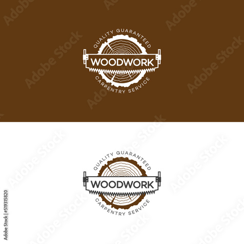 Set of woodwork logo with saw and tree cut down isolated on background for wood master, sawmill service and carpentry service. Stamp, banner. Wood work and manufacture template. Vector illustration