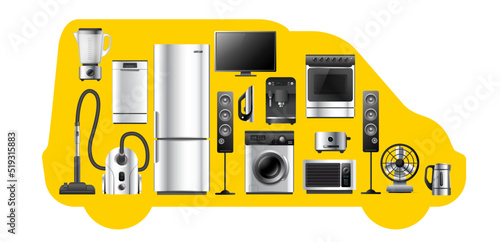 Vector illustration of delivery van shape with realistic silver color different appliance on white background. 3d style shine appliance collection design