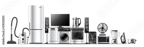 Vector illustration of realistic silver color different appliance on white background. 3d style shine appliance collection design
