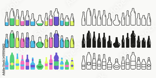 bottles and glasses icon set different style isolated on white background different form with plastic containers for cosmetics, water, alcohol. vector 10 eps