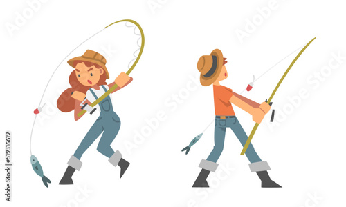 Teenage boy and girl fishing with fishing rod cartoon vector illustration