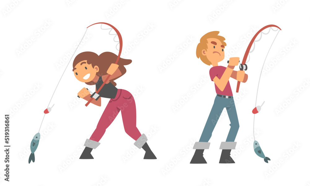 Anglers characters. Boy and girl with fishing rods and fish cartoon vector illustration