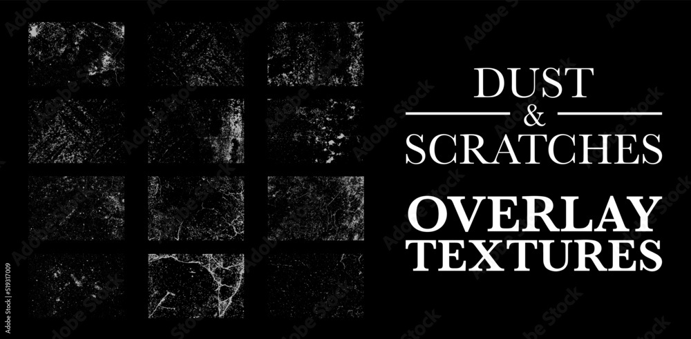 set of dust and scratches overlay textures, vector illustration
