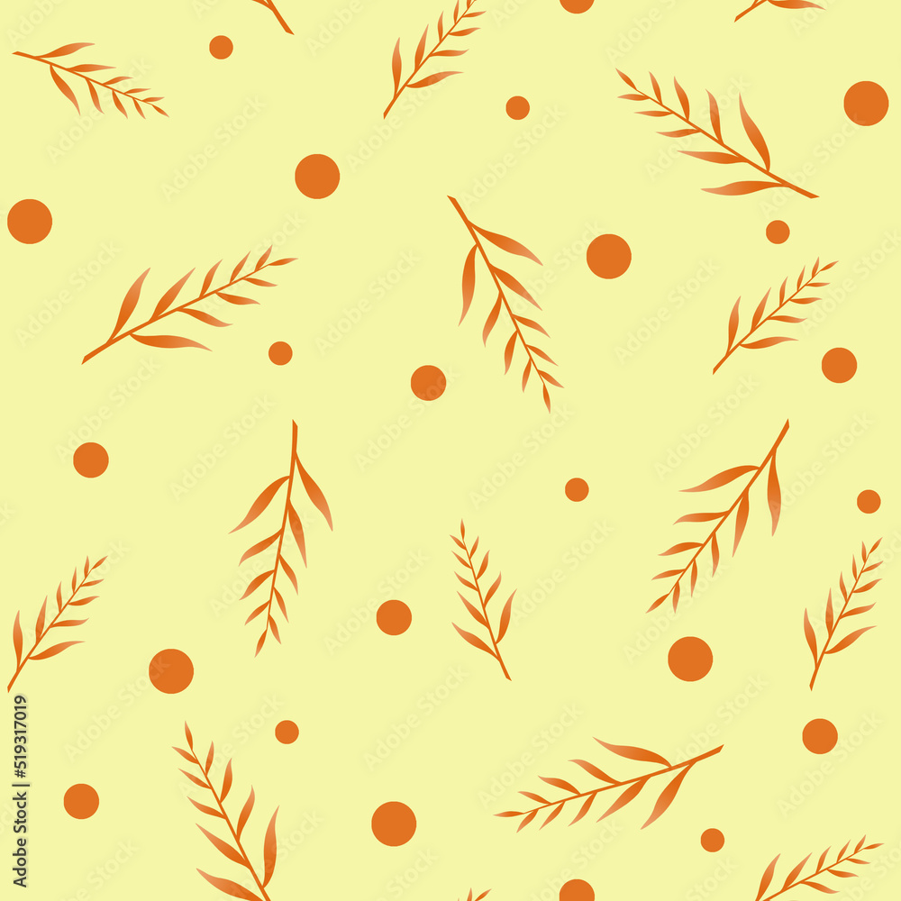 Fototapeta premium Seamless pattern of red leaves and polka dots on a yellow background