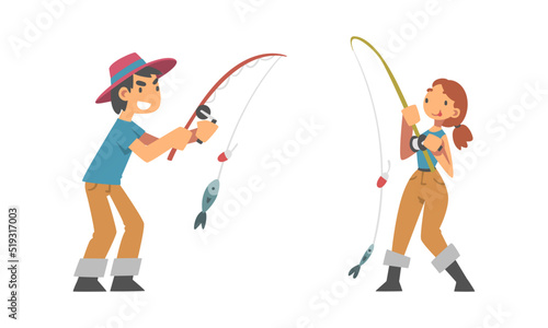 Anglers characters. People with fishing rods and caught fish cartoon vector illustration