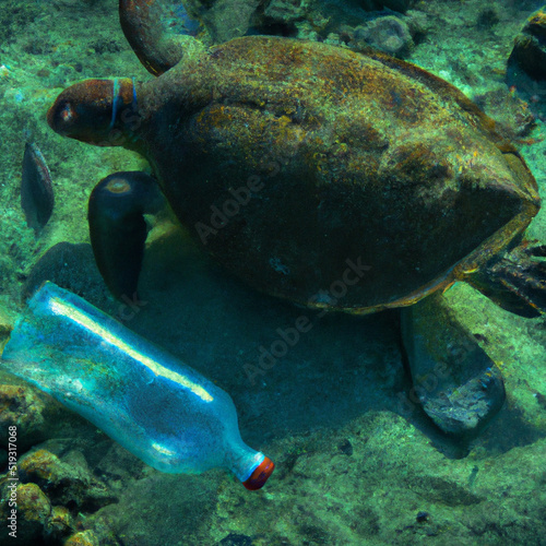 a plastic bottle on the seabed next to a turtle and a fish